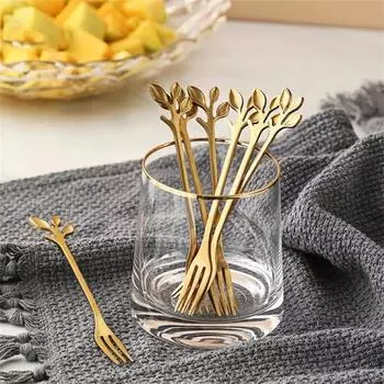 6 шт. креативные столовые приборы из нержавеющей стали золотого цвета, вилка для фруктов, столовая посуда, вилка для закусок, десертов, кухонная посуда в форме листа