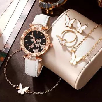 6 шт. круглые кварцевые часы из искусственной кожи ремешок из цинкового сплава указатель циферблат из цинкового сплава и браслет-бабочка ожерелье серьги ювелирные изделия на день матери белый