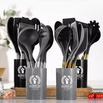 6 шт. кухонная посуда, силиконовая посуда, антипригарные кухонные принадлежности с держателем, лопатка, ложка, ковш, венчики для яиц, лопата, набор посуды чёрный/золотой