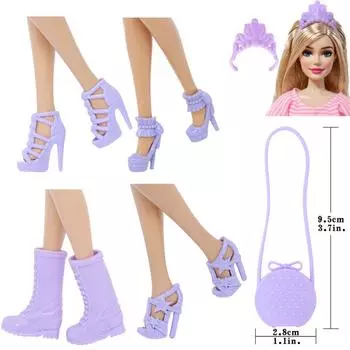 6 шт./лот фиолетовые аксессуары для куклы Барби 11,5 дюймов девочка кукла туфли на высоком каблуке сапоги сумка корона детская игрушка подарок