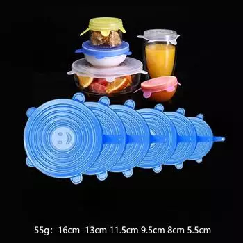6 шт./лот, регулируемая эластичная силиконовая крышка для еды, универсальные расширяемые крышки для банок, миска для посуды, многоразовая растягивающаяся кухонная крышка синий