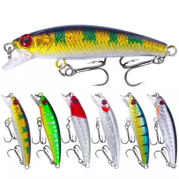 6 шт./лот, рыболовные приманки, жесткая приманка Minnow Popper с тройным крючком, реалистичные 3D рыболовные глаза, приманка для плавания, воблер, глубокая/мелкая, 5,5 см-2,5 г