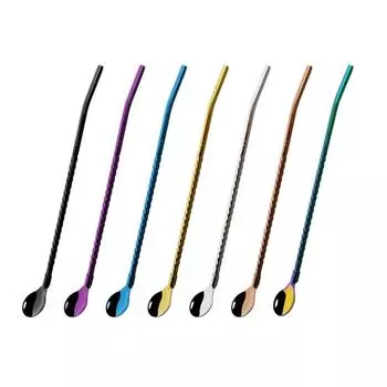 6 шт. многоразовая соломенная ложка с длинной ручкой, золото 18/10, соломенная ложка для чая из нержавеющей стали, прямая барная ложка для перемешивания кофе серебряный
