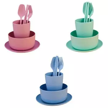 6 шт. многоразовый набор столовых приборов из соломы детский набор столовых приборов, палочки для еды небьющиеся тарелки и миски набор для пикника кемпинга зелёный