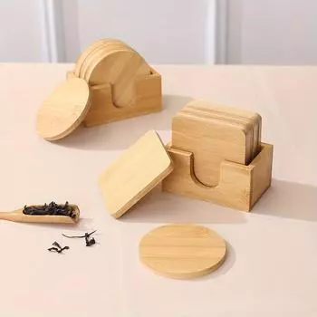 6 шт./набор бамбуковых подставок для чая с держателем, круглая/квадратная подставка для напитков, подставка для чашки кунг-фу, аксессуары для чайной церемонии, подставка для столовых приборов, теплоизоляционная подкладка 6 Square pad with 1 holder