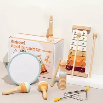 6 шт./набор детских музыкальных инструментов с ксилофоном, трубой, деревянным звучащим устройством, маракасами, тамбурином, треугольником, обучающими