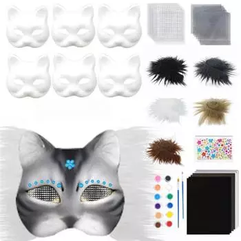 6 шт. набор для кошачьей маски, сделай сам, ручная роспись, пустая кошачья маска с меховыми глазами, сетка, фетровый лист, пушистое животное, терианский маскарадный аксессуар для карнавала, косплея серый
