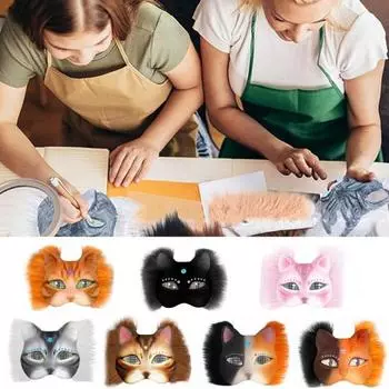 6 шт. набор для кошачьей маски, сделай сам, ручная роспись, пустая кошачья маска с меховыми глазами, сетка, фетровый лист, пушистое животное, терианский маскарадный аксессуар для карнавала, косплея розовый
