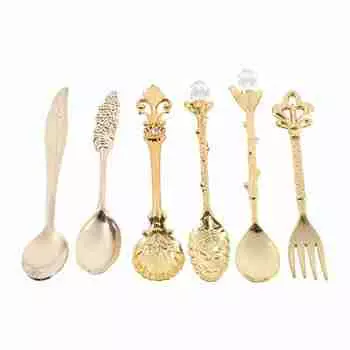 6 шт./набор ретро королевский стиль металлические мини кофейные ложки и вилки кухонные аксессуары для фруктов золотистые