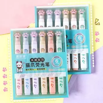 6 шт., набор ручек-хайлайтеров с милыми лапками, милый кошачий коготь, мягкая кисть, маркер-лайнер для рисования, краска, художественная школа