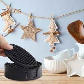 6 шт., набор силиконовых подставок с держателем, нескользящий коврик для чашек, стол для напитков, домашний декор, защита столешницы, круглые подставки для горячих и холодных напитков для деревянного стекла чёрный