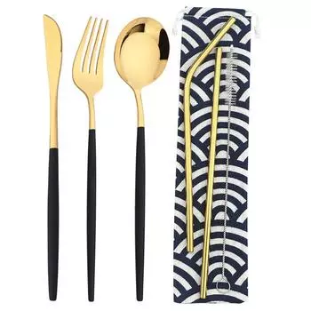 6 шт., набор столовых приборов для кемпинга, дорожный набор столовых приборов, нож, вилка, ложка, соломинка с портативной сумкой, набор посуды из нержавеющей стали серебряный