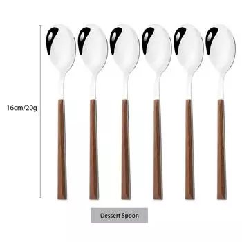 6 шт. набор столовых приборов с имитацией деревянной ручки, ложка для пустыни, столовая посуда из нержавеющей стали, кофейная чайная ложка, столовое серебро, столовые приборы белый