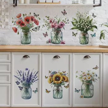 6 шт., наклейки на стену с цветочными растениями в горшках, наклейки с зелеными листьями для комнаты для девочек