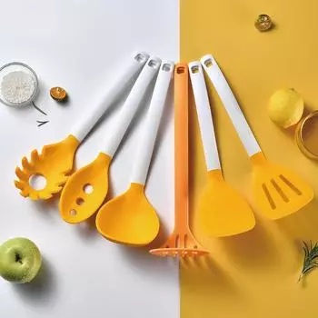 6 шт. Нейлоновая вертикальная силиконовая кухонная утварь с антипригарным покрытием, набор кухонных принадлежностей, лопатка, ложка, кухонный инструмент с подставкой для хранения Orange 6-piece set