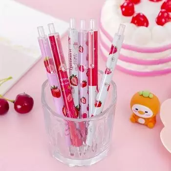 6 шт. нейтральных ручек с рисунком в виде милой клубники, для ежедневного письма, гелевые ручки, случайные цвета, гладкое письмо (черные чернила)