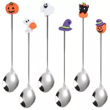 6 шт. Нержавеющая сталь Невеста Жених Mingle Безалкогольные коктейли Рамен Ложка Столовые ложки Чай Смола Напиток Размешивание Торт Хэллоуин Ужин 12.8X2.5X0.5CM серебряный