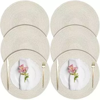 6 шт., однотонные салфетки, круглые плетеные салфетки, моющиеся настольные коврики для званых обедов, барбекю, для внутреннего и наружного использования, теплоизоляционные прокладки бежевый