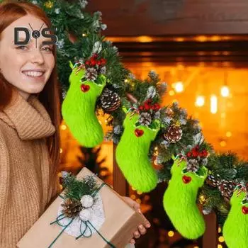 6 шт. плюшевые рождественские чулки зеленые пушистые подвесные чулки искусственный мех праздничные чулки мешочки для угощений для праздничной вечеринки рождественский декор елки зелёный