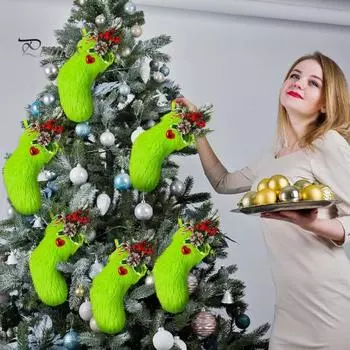 6 шт. плюшевые рождественские чулки зеленые пушистые подвесные чулки искусственный мех праздничные чулки мешочки для угощений для праздничной вечеринки рождественский декор елки зелёный