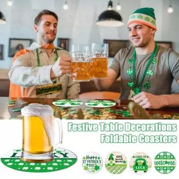 6 шт. подставок под стаканы с клевером, круглые салфетки, набор, зеленые клетчатые салфетки для стола, складные подставки под напитки для ирландского праздника, домашнего декора кухни 6pcs