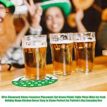 6 шт. подставок под стаканы с клевером, круглые салфетки, набор, зеленые клетчатые салфетки для стола, складные подставки под напитки для ирландского праздника, домашнего декора кухни 6pcs