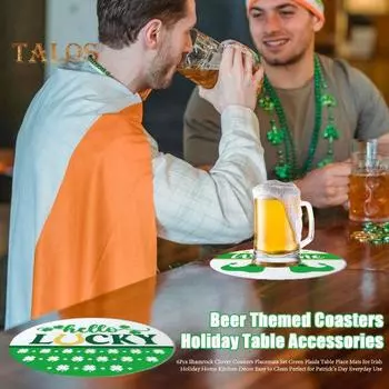 6 шт. подставок под стаканы с клевером, круглые салфетки, набор, зеленые клетчатые салфетки для стола, складные подставки под напитки для ирландского праздника, домашнего декора кухни 6pcs