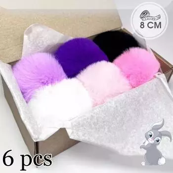 6 шт. помпонов из искусственного меха кролика 8-10 см, искусственные плюшевые пушистые помпоны для брелоков, шапок, перчаток, подвесок, швейных принадлежностей своими руками 6PCS чёрный