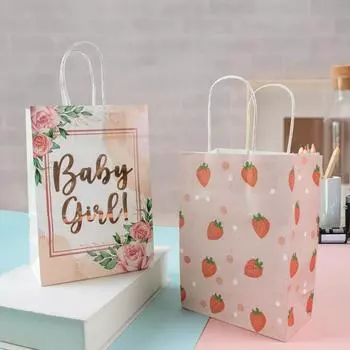 6 шт. праздничных сумок для девочек с розовым золотом и цветочным принтом, бумажные подарочные пакеты для конфет для гостей, украшение на день рождения девочки в честь рождения ребенка 21x14.8x8cm