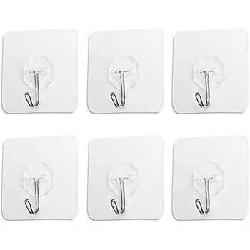 6 шт., прозрачные мощные клейкие крючки, водонепроницаемые, без застежки/отверстие, 70 мм, настенная вешалка для пальто, шарфов, полотенец, сумок, ключей, офиса, кухни, ванной комнаты 16x6x2cm