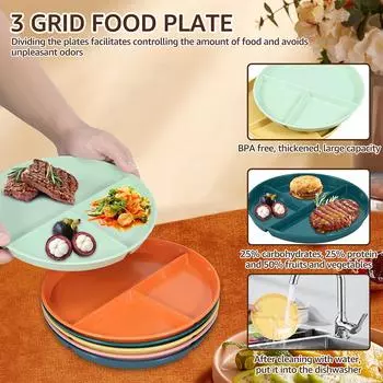6 шт. разделенных обеденных тарелок, 3 отделения, небьющиеся обеденные диетические тарелки, штабелируемые порционные тарелки, многоразовые разделительные тарелки