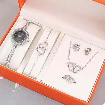 6 шт. роскошных персонализированных женских бриллиантовых цепочек, круглых кварцевых часов, ожерелья в форме сердца для девочек, браслетов, колец, сережек, ювелирных изделий для девочек