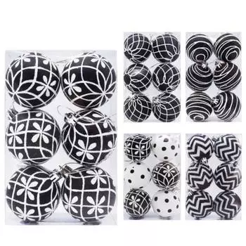 6 шт., рождественские шары, белые, черные полосы, ручная роспись, 6 см/8 см, с подвесной веревкой, украшение для дома, праздничные шары с орнаментом 6 cm A