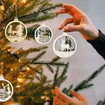 6 шт. Рождественские украшения деревянные олени снеговики елочные украшения 3D круглые полые подвесные подвески для праздничного декора фермерского дерева Christmas Tree