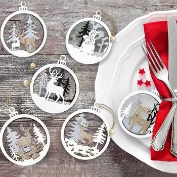 6 шт. Рождественские украшения деревянные олени снеговики елочные украшения 3D круглые полые подвесные подвески для праздничного декора фермерского дерева Christmas Tree