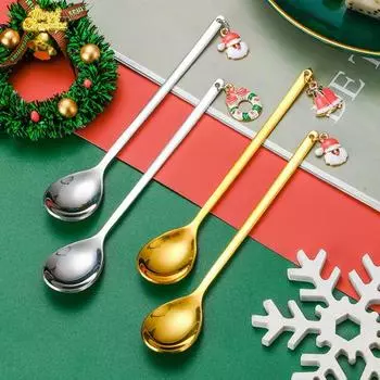 6 шт. Рождественский десерт Вилки Ложки Мультяшный венок Станта Подвеска-колокольчик Декор Пищевая полированная термостойкая кофейная ложка Перемешивание Spoon серебряный