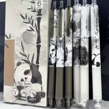 6 шт. шариковых ручек Panda Classic с выдвижным стержнем, гелевые ручки в китайском стиле толщиной 0,5 мм