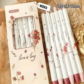 6 шт. шариковых ручек с выдвижным стержнем, украшенных розами, - 0,5 мм, быстросохнущие чернила, винтажный цветочный дизайн - идеально подходят для письма и подарков