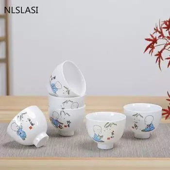 6 шт., синий и белый фарфоровый керамический чайный сервиз в китайском стиле, чашка с ручной росписью, чашки для кофе, вина, принадлежности для напитков A 5x6cm 90ml 6pcs
