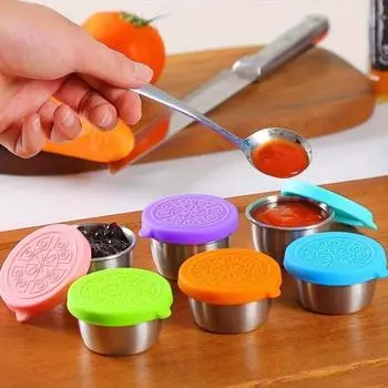 6 шт., стаканчик для соуса из нержавеющей стали 304 с силиконовой крышкой, переносная тарелка для соуса для салата из помидоров и приправ 6pcs