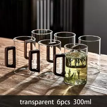 6 шт. Стеклянные чашки с ручкой из грецкого ореха 300 мл Кружка для кофе Жаростойкая чашка для заваривания чая Набор бытовых офисных стаканов для питья 300ml
