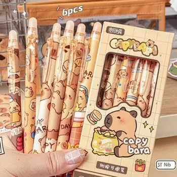 6 шт., стираемая ручка Kawaii Capybara, эстетическая гелевая ручка 0,5 мм, INS, милая ручка для письма, канцелярские товары 6PCS/Box