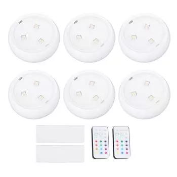 6 шт. светодиодных шайб, меняющих цвет, работающих от батареек, подсветка под краном шкафа с 2 пультами дистанционного управления