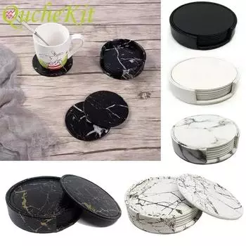 6 шт. термостойких подставок из искусственной кожи с мраморным узором, набор подставок под чашки для кофе, черно-белые круглые подставки под чай, легко моющиеся салфетки 11x2.5cm