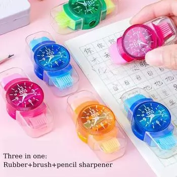 6 шт. точилка для карандашей для студентов 3 в 1 в форме часов случайные цвета карандашный резак с катушкой ластик щетка 6pcs