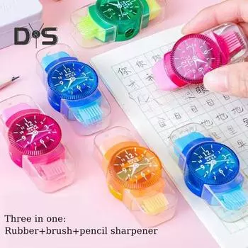 6 шт. точилка для карандашей для студентов 3 в 1 в форме часов случайные цвета карандашный резак с катушкой ластик щетка 6pcs