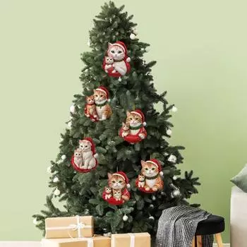 6 шт. Украшение для кошек, акриловые подвесные украшения для рождественской елки, мультяшный кот, плоский рождественский