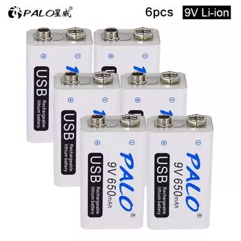 6 шт. USB зарядка 9 В 650 мАч литий-ионный аккумулятор USB аккумулятор 9 В литиевый для мультиметра, микрофона, игрушки, пульт дистанционного управления, КТВ белый