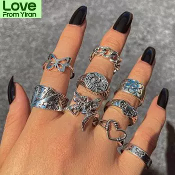 6 шт. Винтажный готический набор колец с бабочкой и цветком, многоэлементный набор для женщин и мужчин, ретро-персонаж, подарки на палец