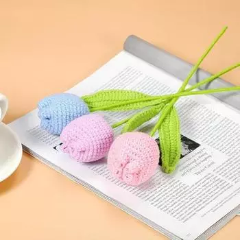 6 шт. вязаных крючком тюльпанов, искусственных плетеных цветов со стеблями для украшения столов на День святого Валентина дома, свадьбы, вечеринки, офиса синий